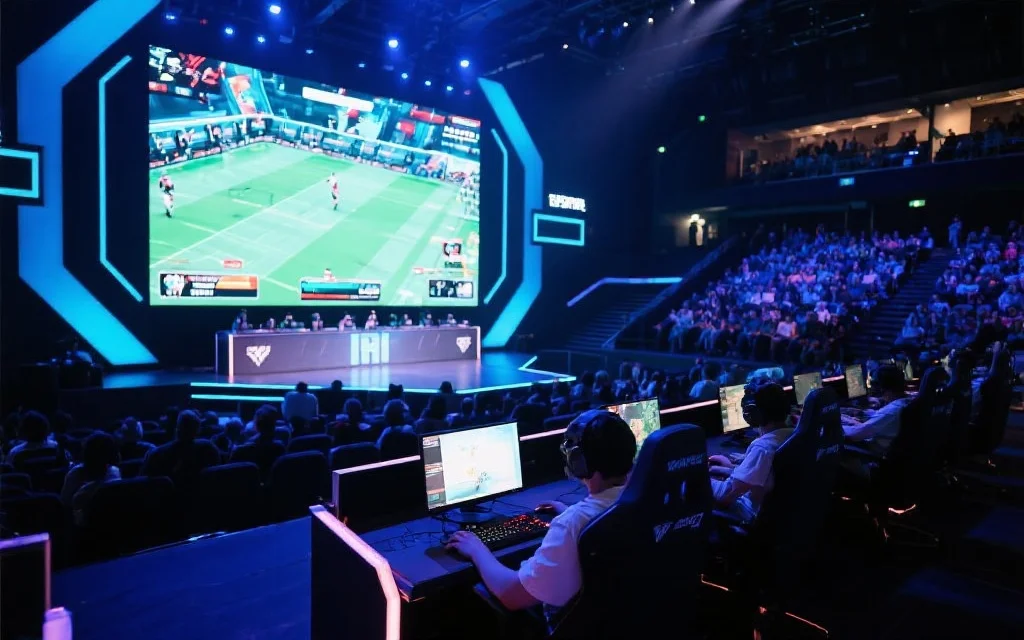 一个现代化的电竞比赛场景,选手们专注操作电脑,巨大的屏幕显示比赛画面,观众席座无虚席